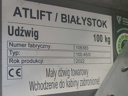 Zdjęcie przedmiotu: Dźwig towarowy Atlift 100.45/0