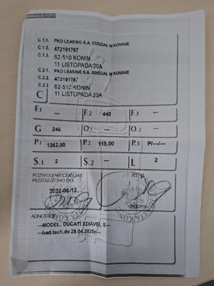 Zdjęcie przedmiotu: Ducati Naked Bike XDiavel S Oświadczenie o utracie DR