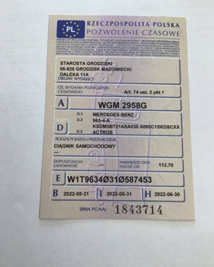 Zdjęcie przedmiotu: Mercedes-Benz Actros 1845 LS E6 18.0t Declaration of loss of registration certificate