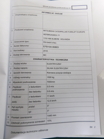 Zdjęcie przedmiotu: W&oacute;zek widłowy elektryczny Mitsubishi FB 15KRT PAC