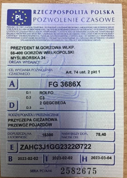 Zdjęcie przedmiotu: ROLFO HERCULES C3 GEGCBEDA 24.0t Oświadczenie o utracie DR