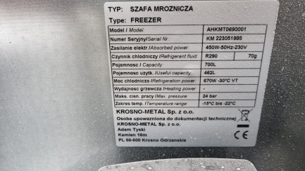 Zdjęcie przedmiotu: Szafa mroźnicza nierdzewna Krosno-Metal Freezer AHKMT069001 700L