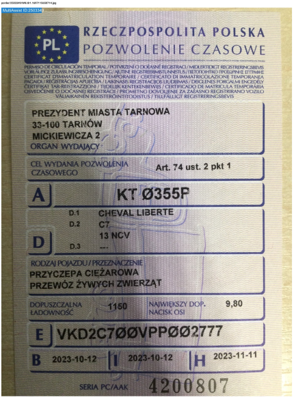 Zdjęcie przedmiotu: CHEVAL LIBERTE FURGON C7 2.0t Oświadczenie o utracie DR