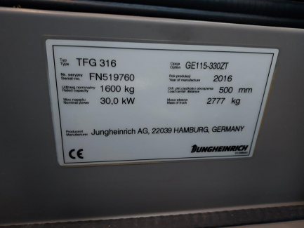 Zdjęcie przedmiotu: W&oacute;zek widłowy JUNGHEINRICH TFG 316