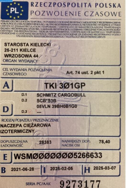 Zdjęcie przedmiotu: SCHMITZ SCB Chłodnia Oświadczenie o utracie DR