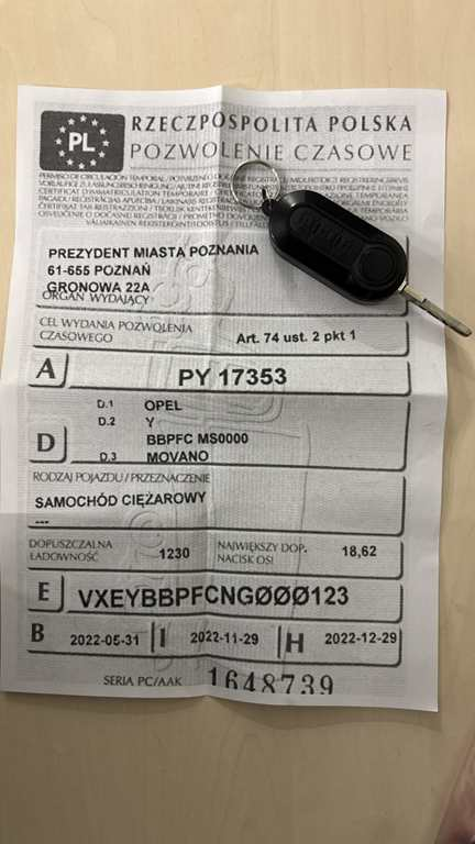 Zdjęcie przedmiotu: Opel Movano 2.2 Diesel L3H2 E6d 3.3t Oświadczenie o utracie DR Cepik informacja o odczycie przebiegu