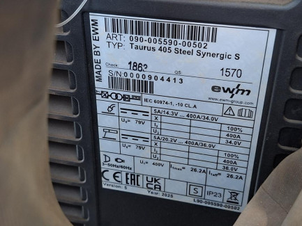 Zdjęcie przedmiotu: EWM Taurus 405 Steel Synergic S inverter welding machine