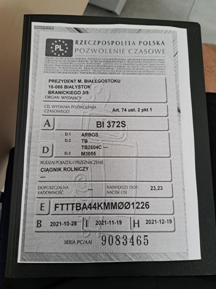 Zdjęcie przedmiotu: Заява про втрату DR для сільськогосподарського трактора ARBOS 3055