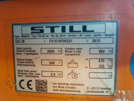 Zdjęcie przedmiotu: W&oacute;zek niskiego podnoszenia STILL SU 20