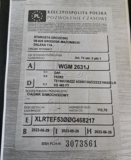 Zdjęcie przedmiotu: DAF XG 480 FT Space Cab E6 18.0t Oświadczenie o utracie DR