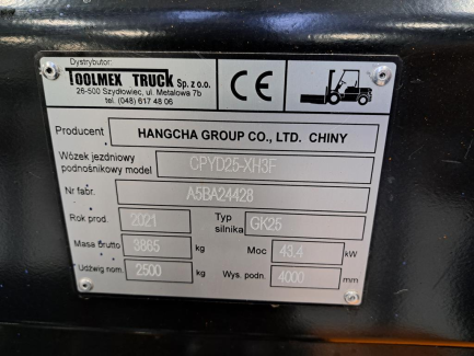 Zdjęcie przedmiotu: W&oacute;zek widłowy HANGCHA CPYD25-XH3F 