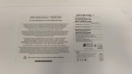 Zdjęcie przedmiotu: Notebook / Laptop Apple MacBook Air 15''. 8-rdzeniowy procesor M3 (GPU 10 rdzeni) / RAM 8GB / dysk 256GB SSD (p&oacute;łnoc), kod prod. MRYU3ZE/A