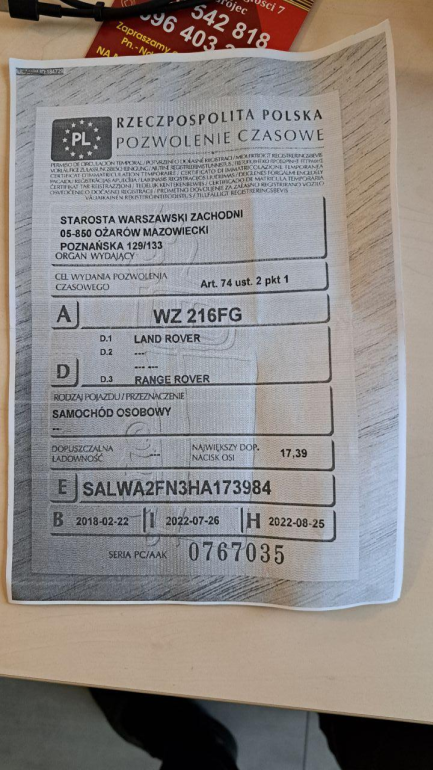 Zdjęcie przedmiotu: RANGE ROVER Sport Oświadczenie o utracie DR