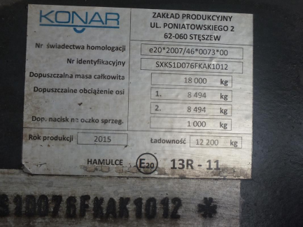 Zdjęcie przedmiotu: Przyczepa z osiami centralnymi KONAR JG6