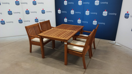 Zdjęcie przedmiotu: Meble ogrodowe WIGO - St&oacute;ł Kansas 150 K70202 (150x90x73wys) drewno Robinii + Fotel Kansas K10102 (59x62x90) - 4szt. + Poduszka na fotel Kansas, kol 01 Blanco - 4szt.