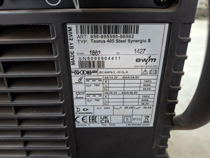 Zdjęcie przedmiotu: EWM Taurus 405 Steel Synergic S inverter welding machine