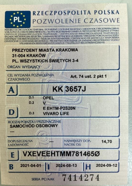 Zdjęcie przedmiotu: Opel Vivaro Long 2.0 CDTI E6d 3.0t Oświadczenie o utracie DR