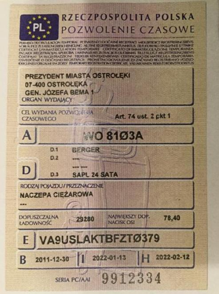 Zdjęcie przedmiotu: BERGER SAPL 24 SATA Заява про втрату реєстраційного свідоцтва