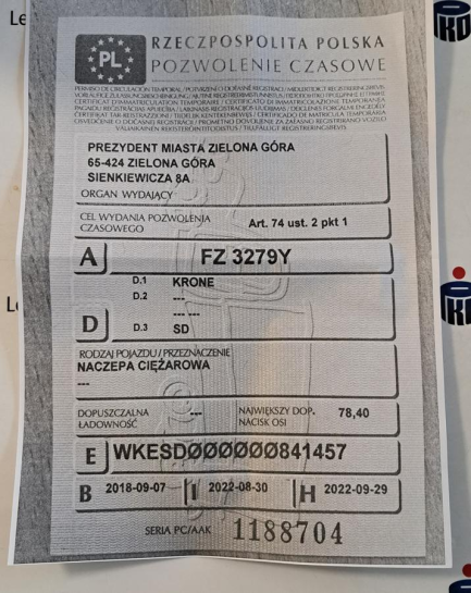 Zdjęcie przedmiotu: KRONE SDP eLG4-CS/13.6 Mega 27 43.0t Oświadczenie o utracie DR
