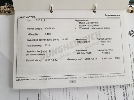 Zdjęcie przedmiotu: W&oacute;zek widłowy Jungheirich EJC 214 115 535 DZ