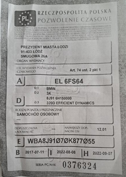 Zdjęcie przedmiotu: BMW 320D Oświadczenie o utracie DR