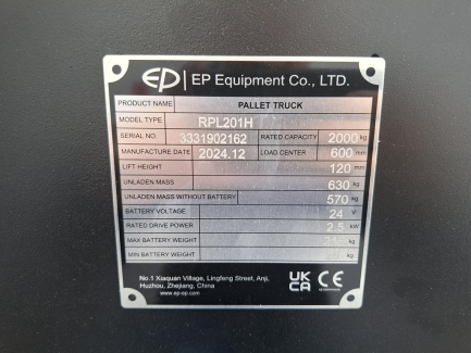 Zdjęcie przedmiotu: W&oacute;zek paletowy elektryczny EP RPL201H