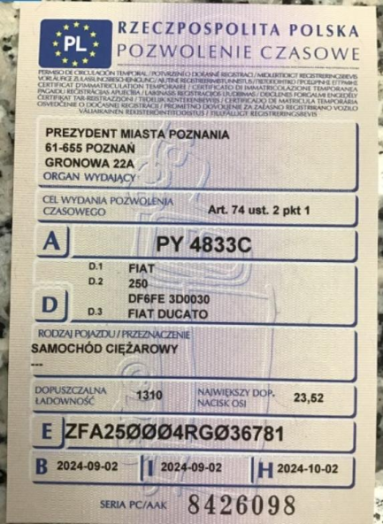Zdjęcie przedmiotu: Fiat Ducato MAXI 2.2 H3-POWER E6.4 3.5t L4H3 Oświadczenie o utracie DR