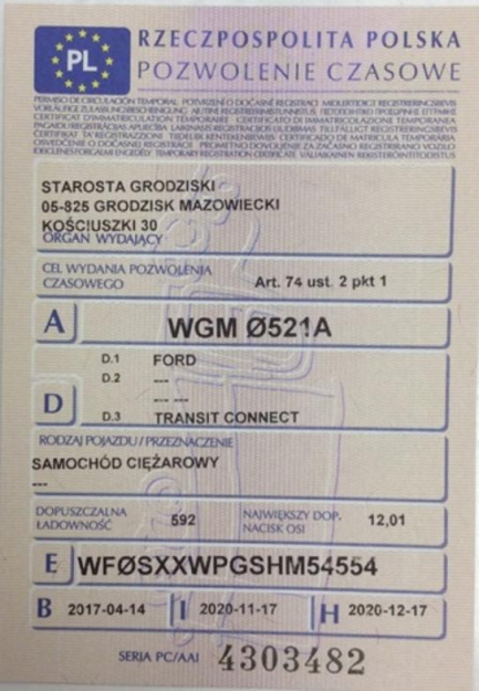 Zdjęcie przedmiotu: Ford Transit Connect 210 L2 1.5 TDCi E6 2.1t Oświadczenie o utracie DR