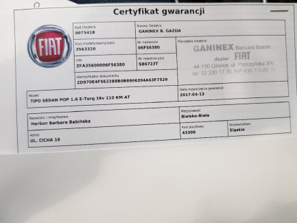 Zdjęcie przedmiotu: Fiat Tipo 1.6 E-Torq 16v Pop aut