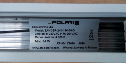 Zdjęcie przedmiotu: LED shop lighting set: POLARIS Led line, model Zander 240-180-54W-D - 16 pcs, rope suspensions - 30 pcs, connector - 1 pcs.