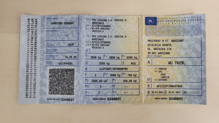 Zdjęcie przedmiotu: Porsche Cayenne Turbo Błędny wpis mocy i pojemności silnika w DR