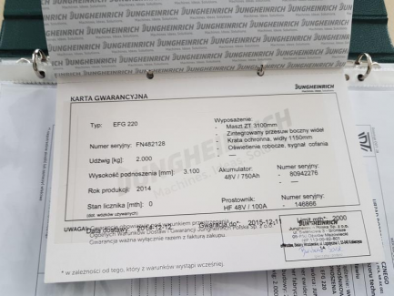 Zdjęcie przedmiotu: W&oacute;zek widłowy Jungheirich EFG220 GE115-310ZT