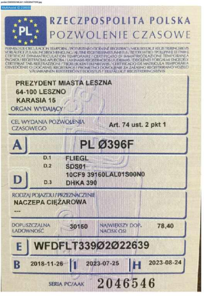 Zdjęcie przedmiotu: FLIEGL DHKA 390 SDS01 35.0t Declaration of loss of registration certificate