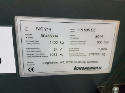 Zdjęcie przedmiotu: W&oacute;zek widłowy Jungheirich EJC 214 115 535 DZ