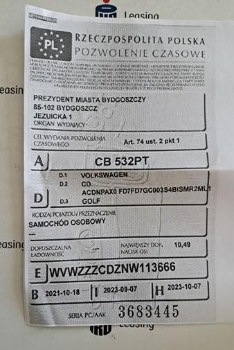 Zdjęcie przedmiotu: Volkswagen Golf VIII 2.0 TSI E6d GTI DSG Oświadczenie o utracie DR