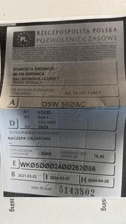 Zdjęcie przedmiotu: KOEGEL SN 24 CO24P90/910/13.95 Mega 35.0t Declaration of loss of registration certificate