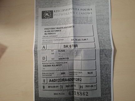 Zdjęcie przedmiotu: CIĄGNIK ROLNICZY CLAAS AXION 810 C Oświadczenie o utracie DR i tablicy rej