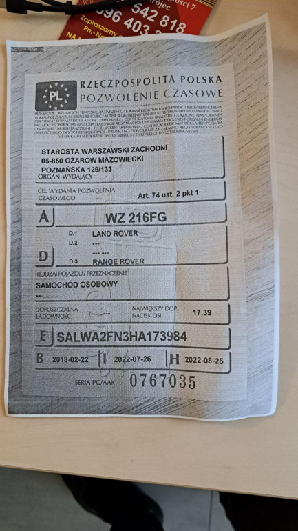 Zdjęcie przedmiotu: RANGE ROVER Sport Oświadczenie o utracie DR