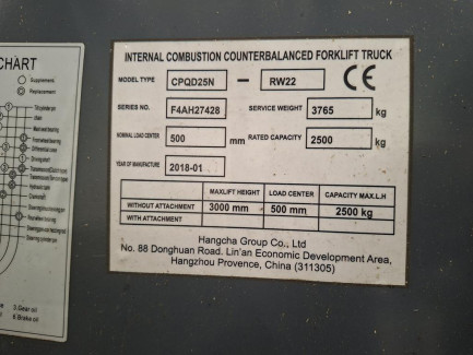 Zdjęcie przedmiotu: HANGCHA CPQD25N-RW22 forklift