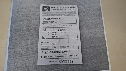 Zdjęcie przedmiotu: ZONTES ZT125U-1 Oświadczenie o utracie DR