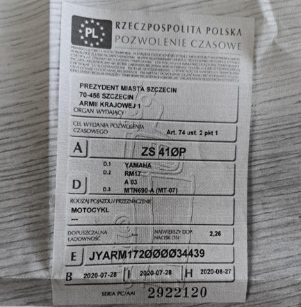 Zdjęcie przedmiotu: YAMAHA MT-07 ABS Oświadczenie o utracie DR