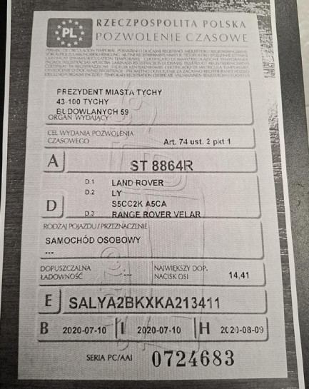 Zdjęcie przedmiotu: Range Rover Velar 3.0 SD6 R-Dynamic S Заява про втрату реєстраційного свідоцтва
