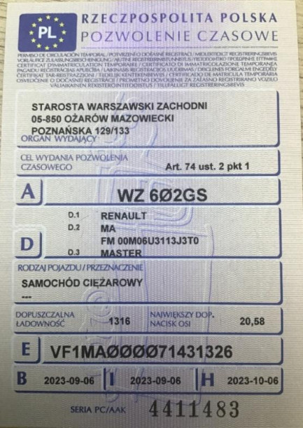 Zdjęcie przedmiotu: Renault Master FWD 2.3 dCi L3H2 Extra E6d 3.5t Declaration of loss of registration certificate